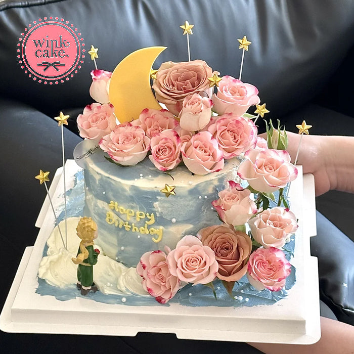 Dreamy light blue birthday cake round flower cake
