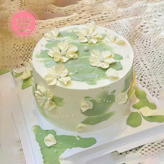Birthday cake, Cream cake, Floral art, Green, Romantic
