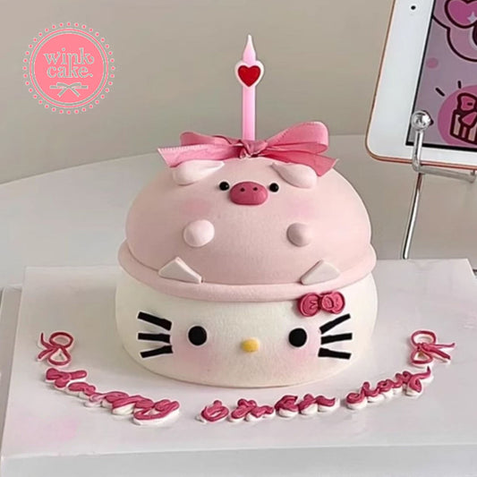 Cute birthday cake, Hello Kitty design, pink piglet hat, WinkCake