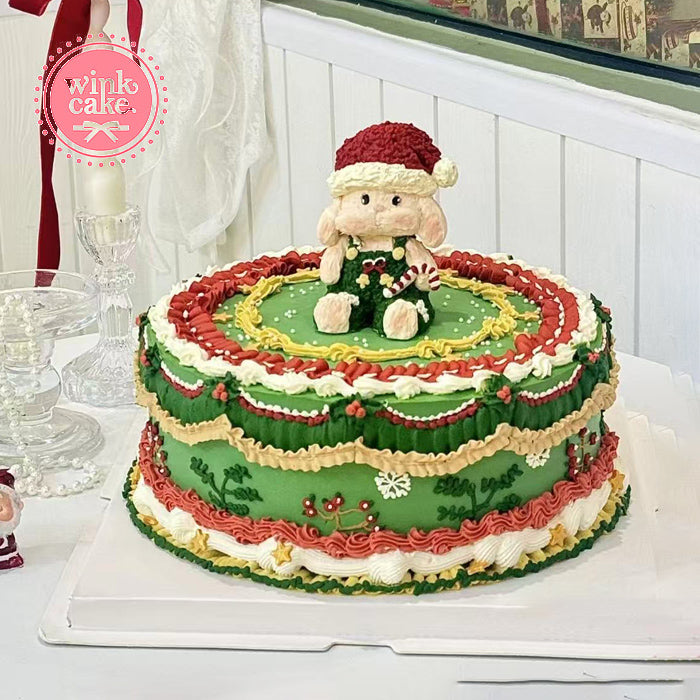 圣诞节小清新简约大方绿色雪顶奶油生日蛋糕