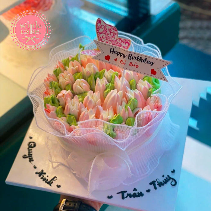 Bánh kem Bó hoa Tulip Decor Bươm bướm Bánh sinh nhật Bạn gái Dễ thương