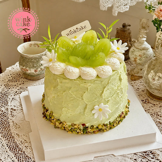 Matcha Green Birthday Cake, Pink Fig, Blueberry, Fresh Fruit Winkcake