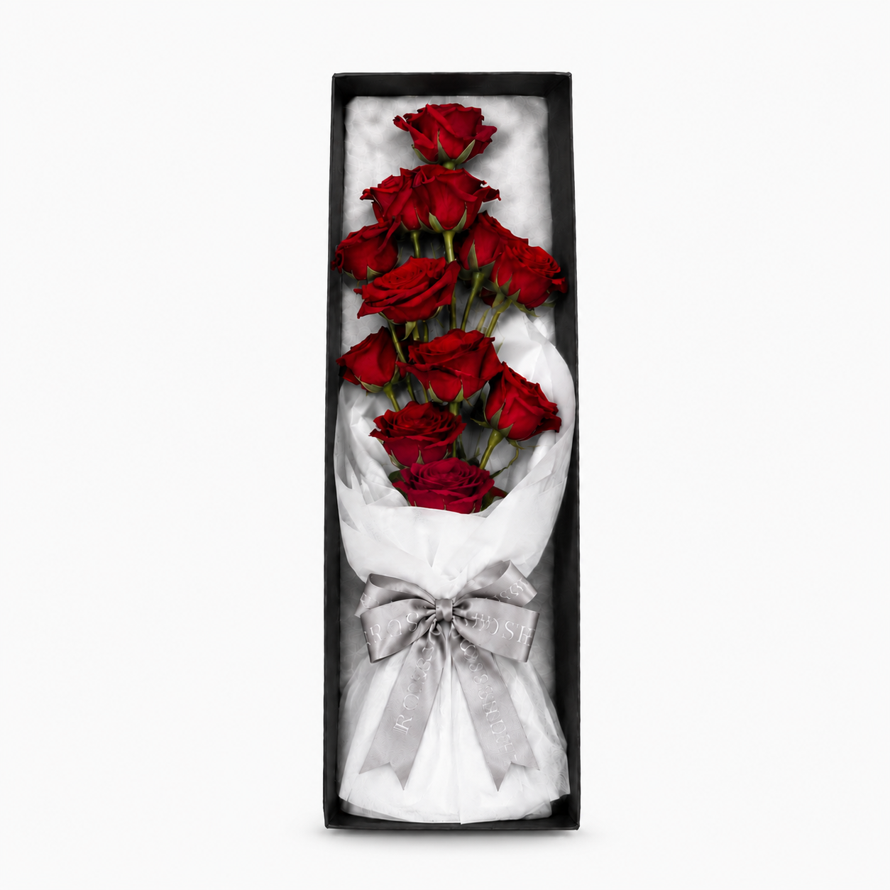 Gift box with a bouquet of 11 red roses.