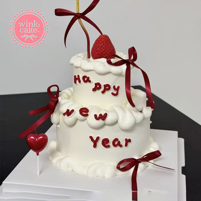 Bánh kem Bánh sinh nhật hai tầng Năm mới 2026 Decor Nơ Ruy băng Tone Đỏ trắng