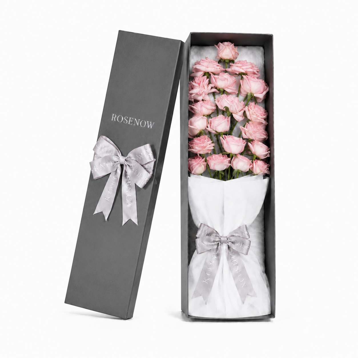Gift box with a bouquet of 19 pink roses.