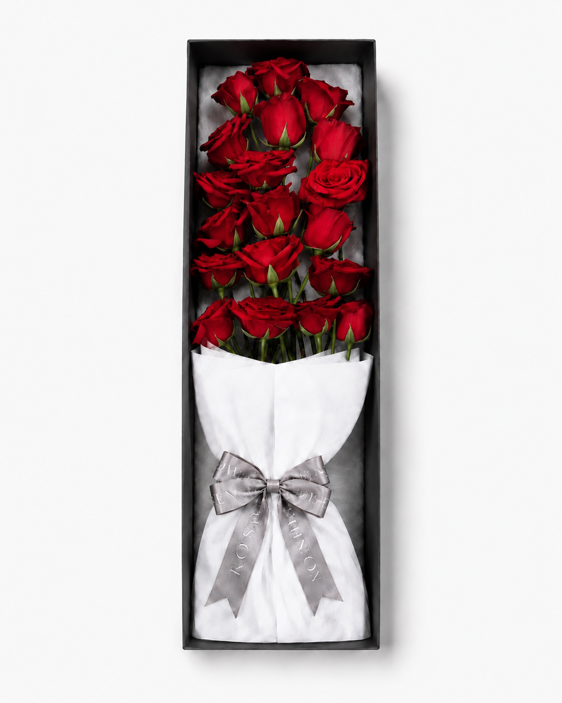 Gift box with a bouquet of 19 red roses.