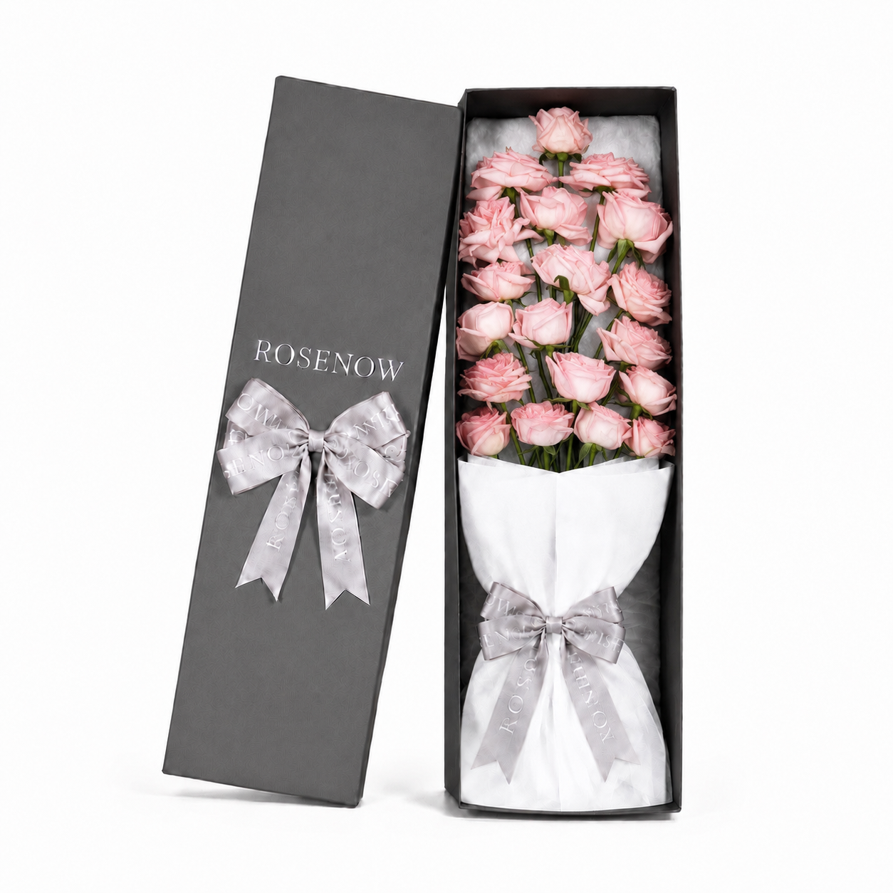 Gift box with a bouquet of 19 pink roses.