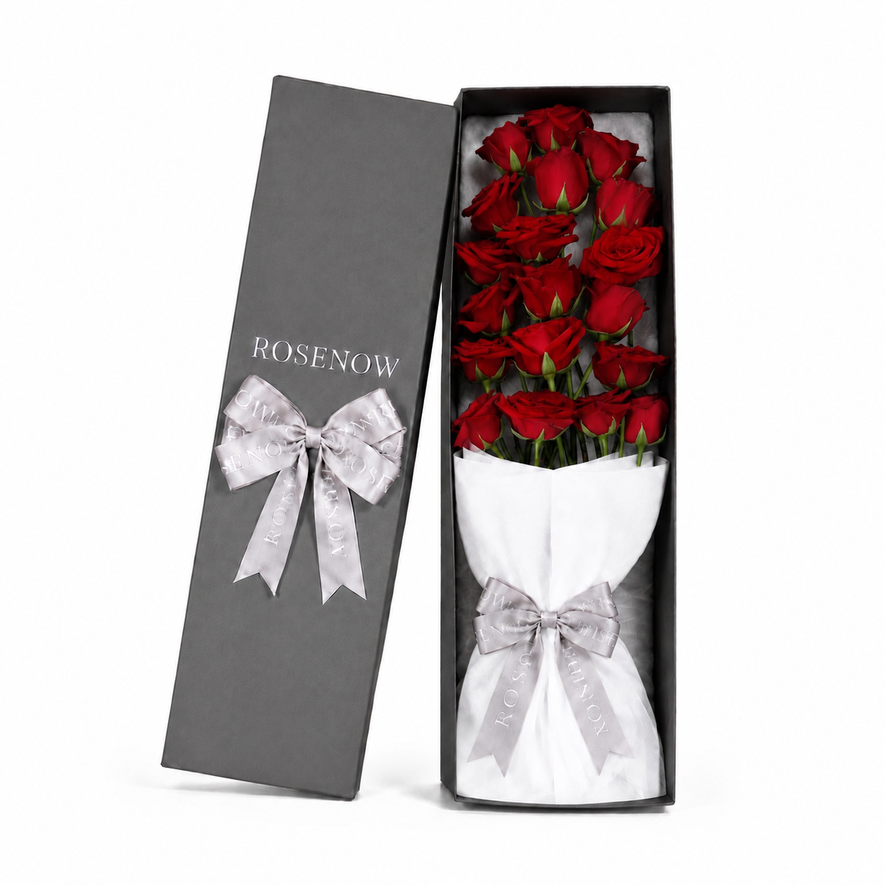 Gift box with a bouquet of 19 red roses.