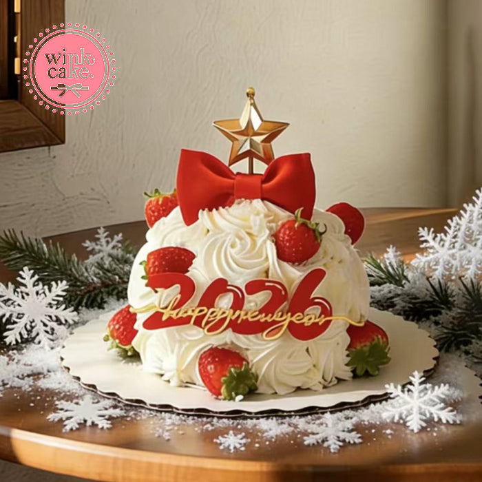 Bánh kem Bánh sinh nhật Năm mới 2026 Decor Nơ Đỏ Dâu tây