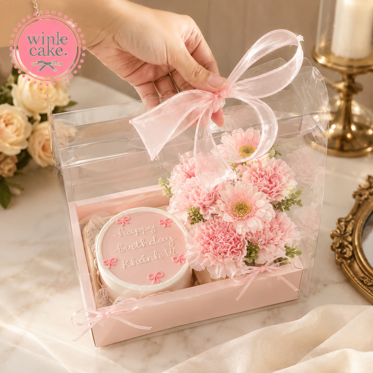 Hộp quà tặng Bánh kem Hoa tươi Tone Hồng Pastel Ngọt ngào