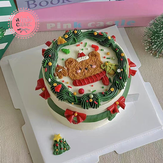 圣诞节小清新简约大方绿色雪顶奶油生日蛋糕