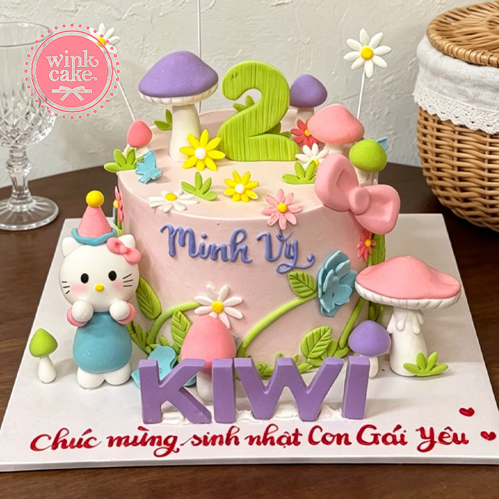 Hello Kitty 蛋糕3D 蘑菇、花朵和粉色蝴蝶结装饰儿童蛋糕