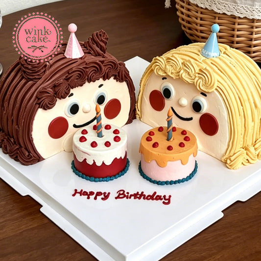 Bánh kem sáng tạo 3D tạo hình 2 bé gái cute thổi bánh sinh nhật
