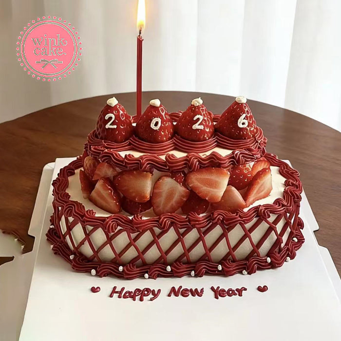 Bánh kem Bánh sinh nhật hai tầng Năm mới 2026 Decor Dâu tây Sang trọng