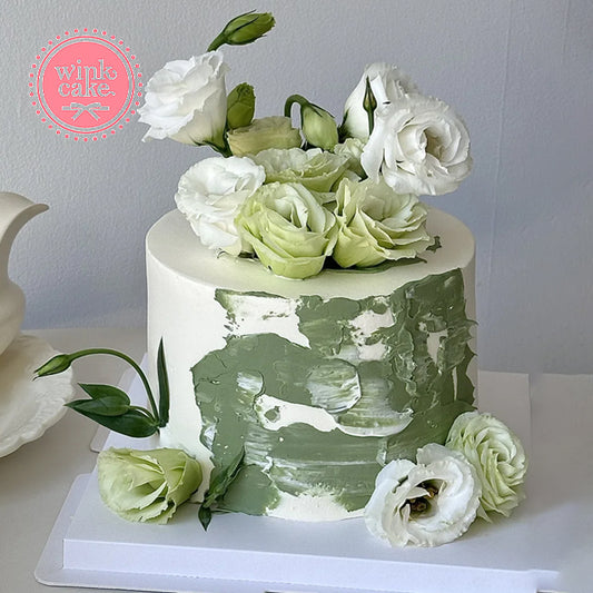 生日蛋糕、奶油蛋糕、鲜花、白色富贵竹、蓝色大理石纹蛋糕