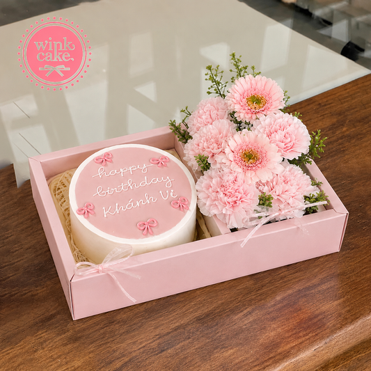 Gift Box with Cake and Fresh Flowers in Sweet Pastel Pink Tones