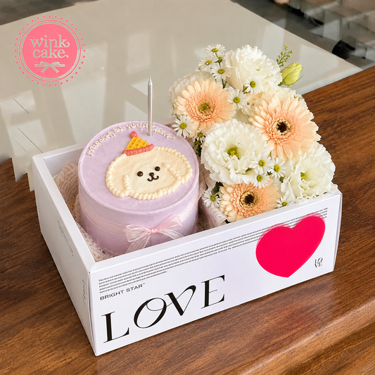 Gift box with cake, fresh flowers, and custom artwork in a cute style.
