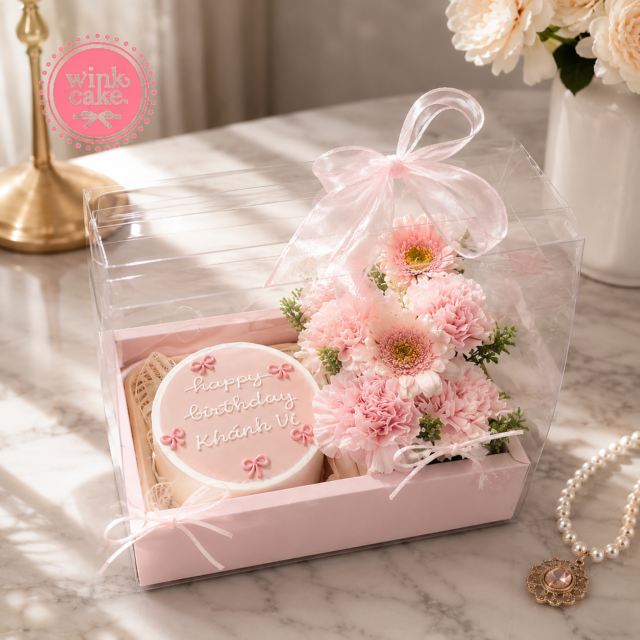 Hộp quà tặng Bánh kem Hoa tươi Tone Hồng Pastel Ngọt ngào