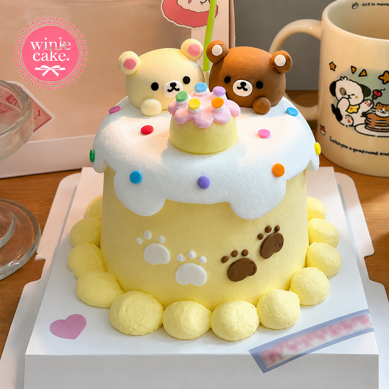 Birthday Cake, Cream Cake, Cute Little Bear Character, Gold Tone, 3D