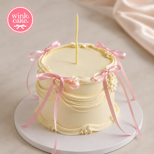 Pastel Gold Birthday Cake with Pink Ribbon, Princess Style